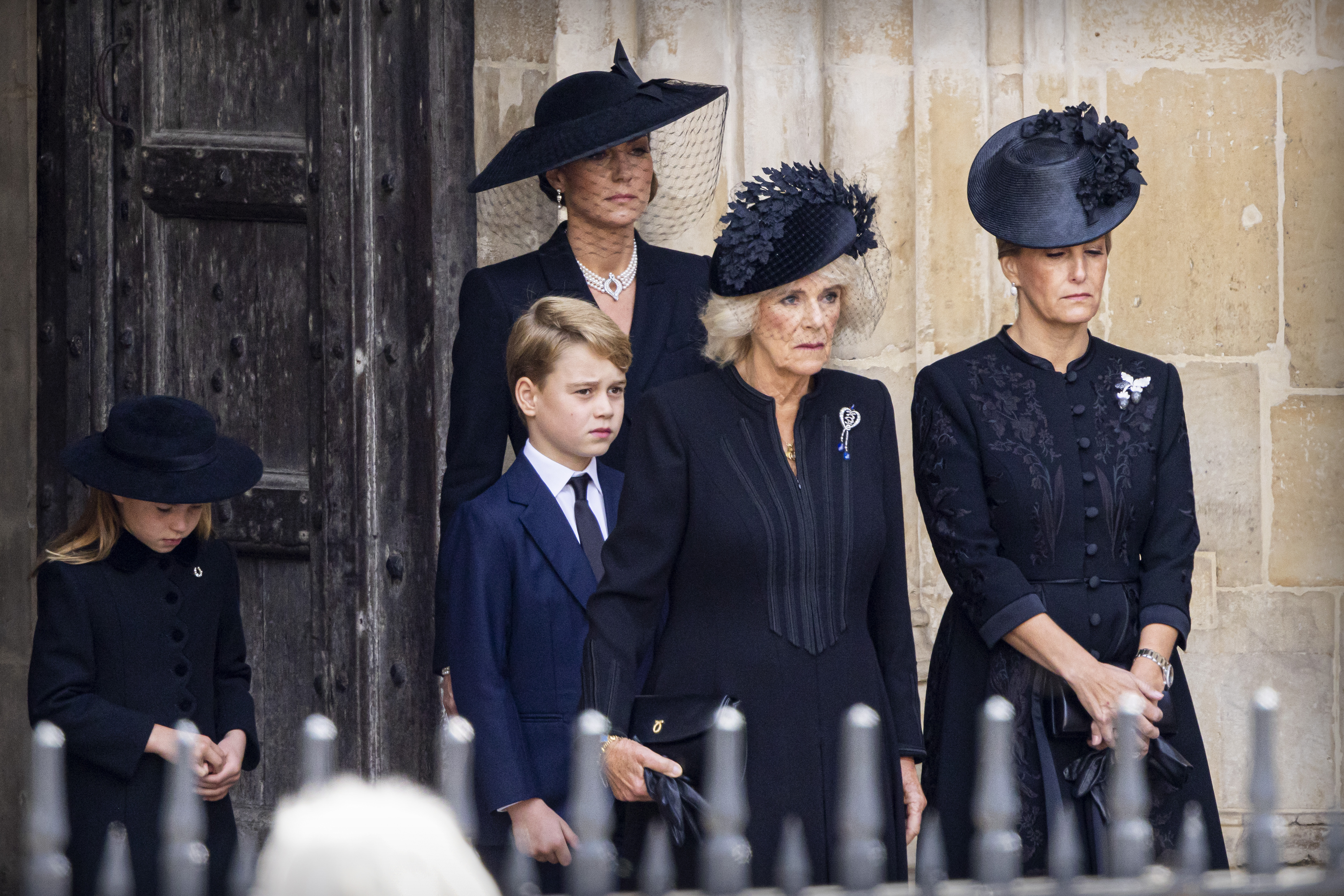 Princess Charlotte, Prince George, Kate Middleton, Queen Camilla and Duchess Sophie at Queen's funeral