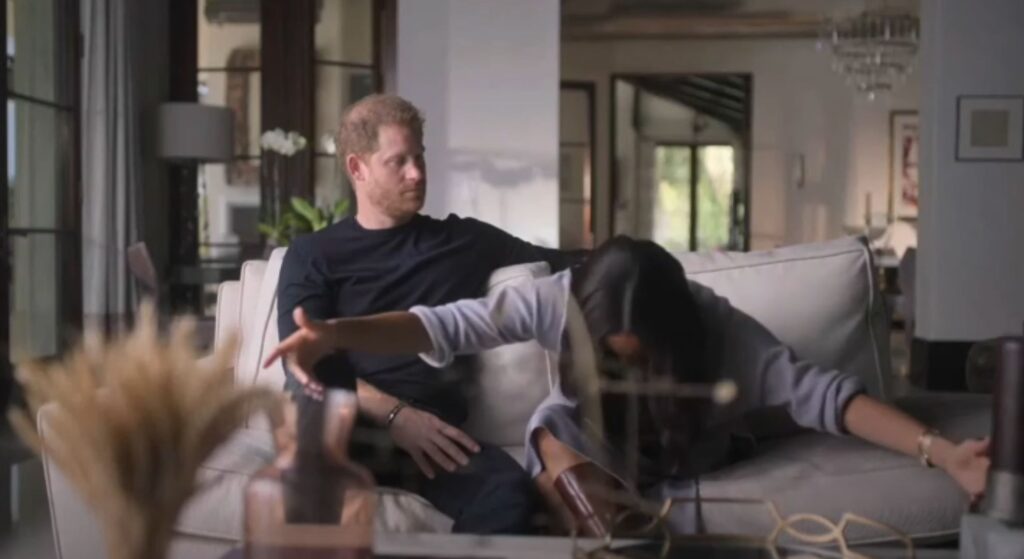 Meghan Markle demonstrating a curtsy in Netflix series alongside Prince Harry