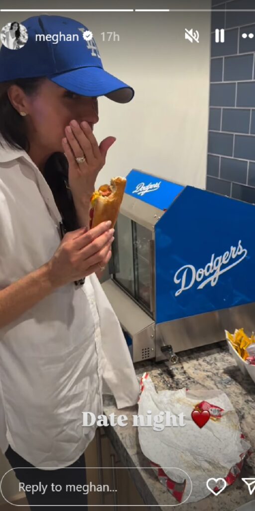 Meghan Markle eating a hot dog on Instagram at LA Dodgers game