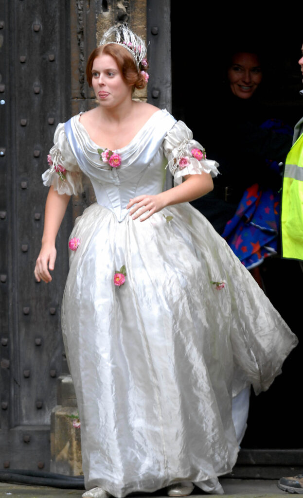 Princess Beatrice in costume on the film set of "Young Victoria" being filmed at Lincoln Cathedral in Lincoln, UK. In the film, Princess Beatrice plays an attendant at Queen Victoria's coronation.
