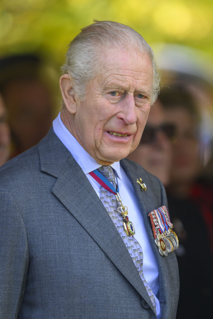 King Charles looking serious in grey suit