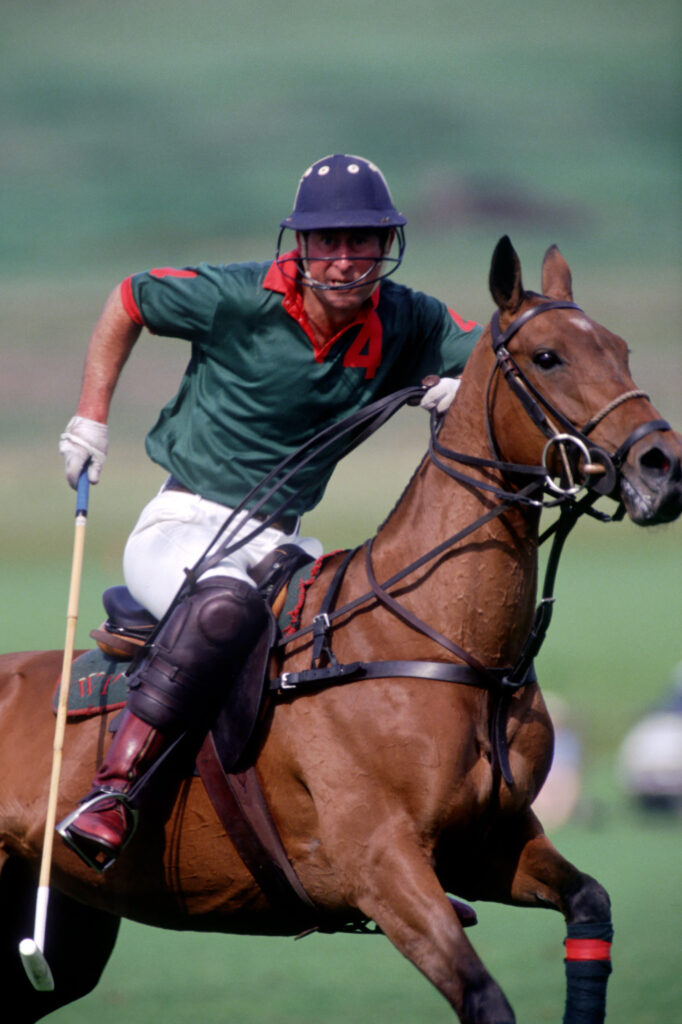 Prince Charles on horseback at a polo match in 1991