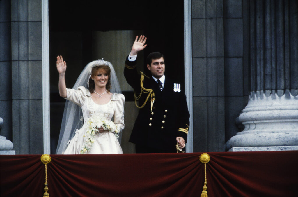 Sarah Ferguson and Prince Andrew waving on their wedding day