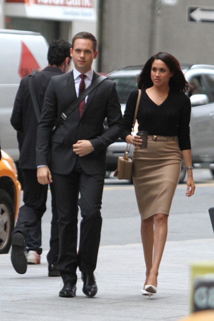 Meghan Markle and Patrick J Adams on set of Suits
