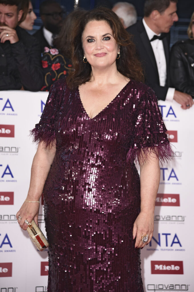 Ruth Jones in a purple dress on the red carpet