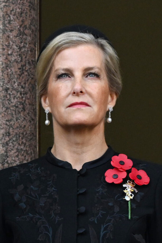 Sophie, the Duchess of Edinburgh stands on a balcony at the Remembrance Sunday Service