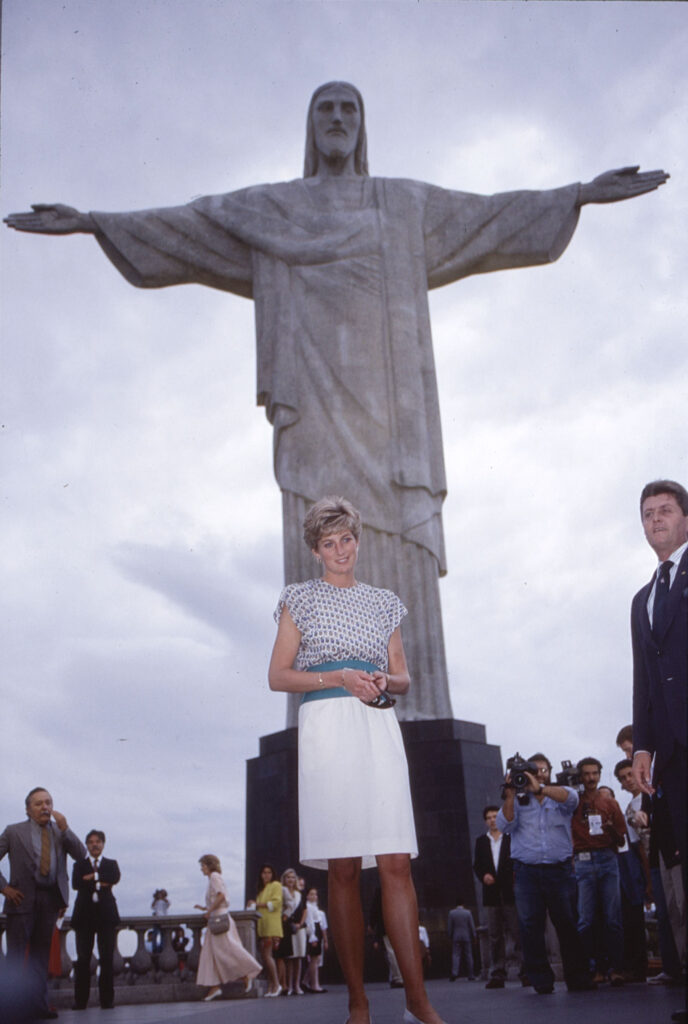 Princess Diana in Rio de Janeiro in 1991, posing in front of the Christ the Redeemer statue