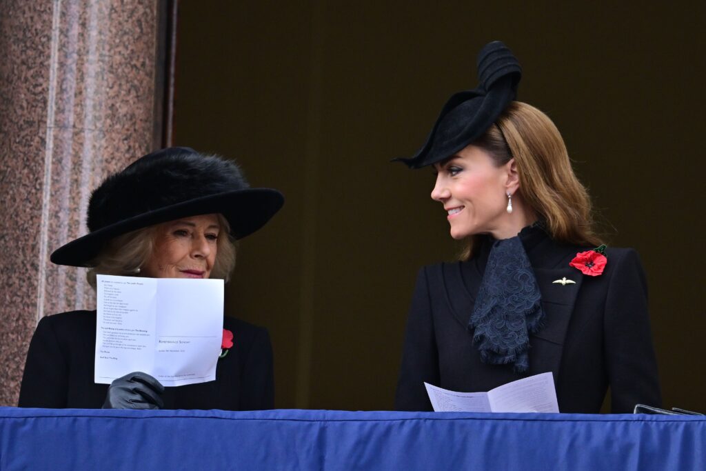 Queen Camilla and Princess Kate smiling at the Remembrance Sunday service