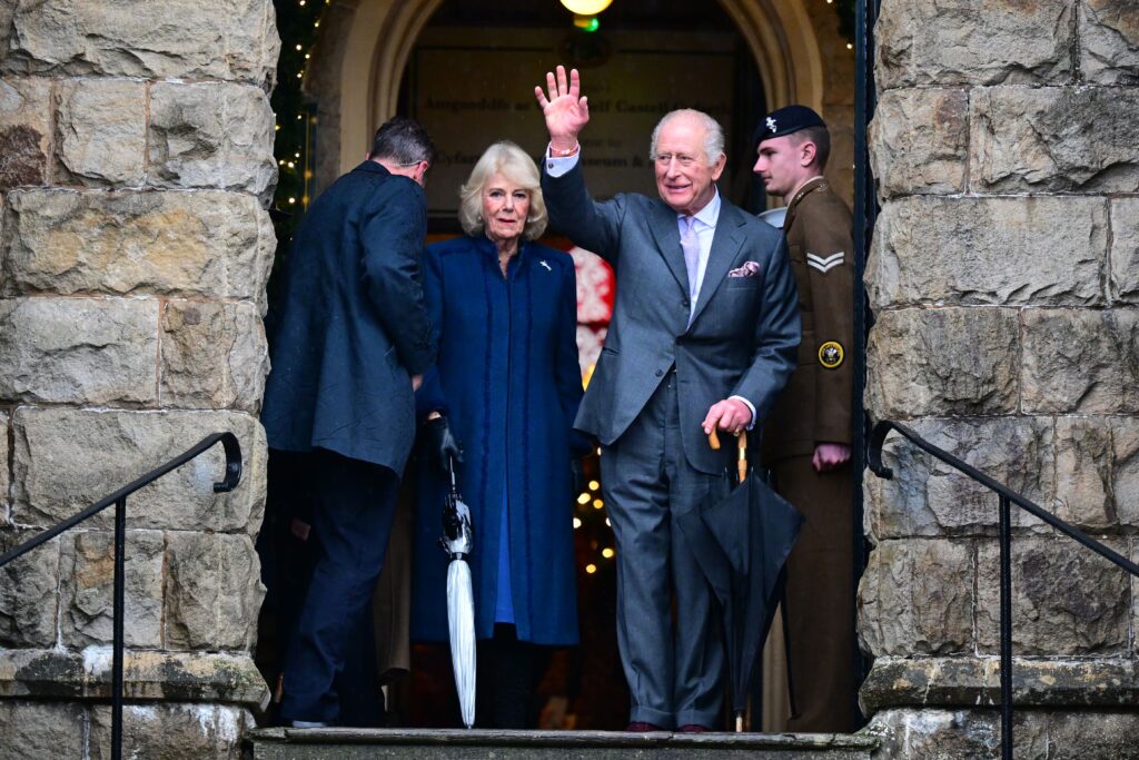 Queen Camill and King Charles in South Wales today, King Charles waving to onlookers