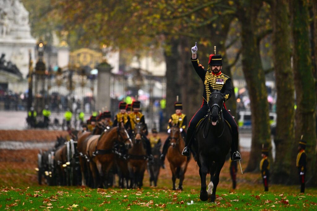 The King's Troop Royal Horse Artillery pictured preparing to fire a 41 Gun Royal Salute in Green Park