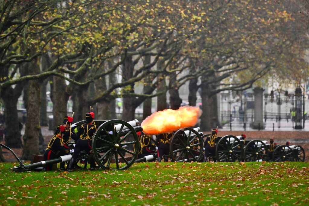 The King's Troop Royal Horse Artillery fire a 41 Gun Royal Salute in Green Park marking King Charles III's 77th birthday.