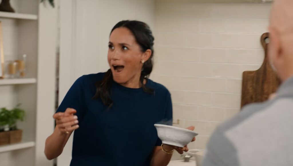 Meghan Markle with her mouth open on With Love, Meghan holiday special