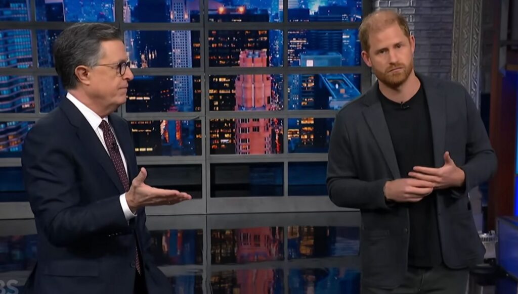 Stephen Colbert and Prince Harry on stage during The Late Show skit