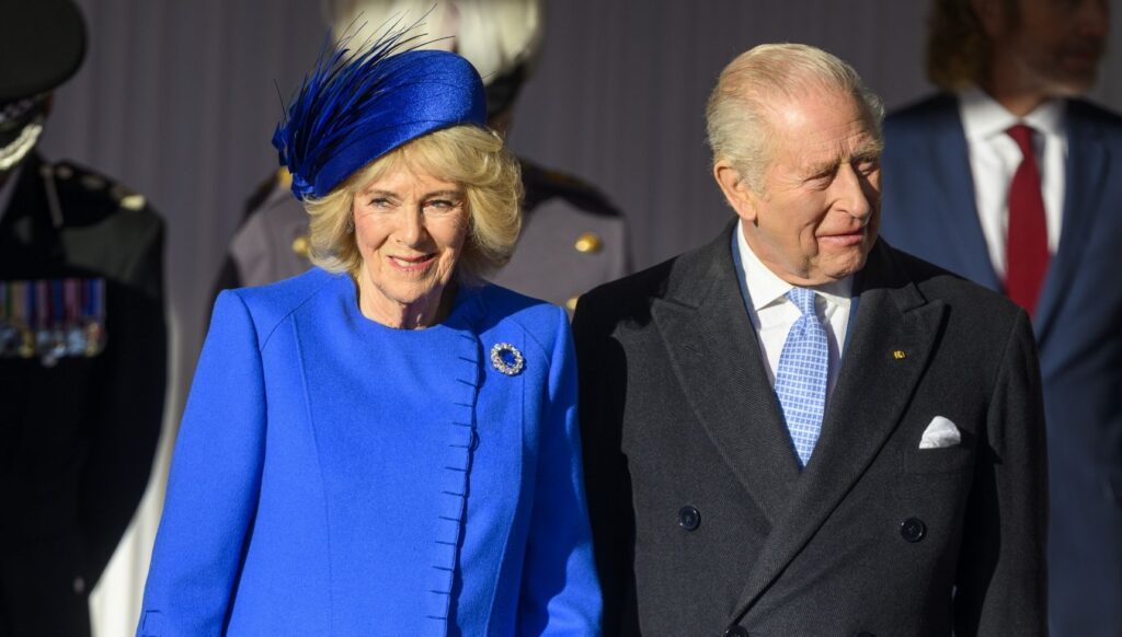 Queen Camilla and King Charles smiling during state visit