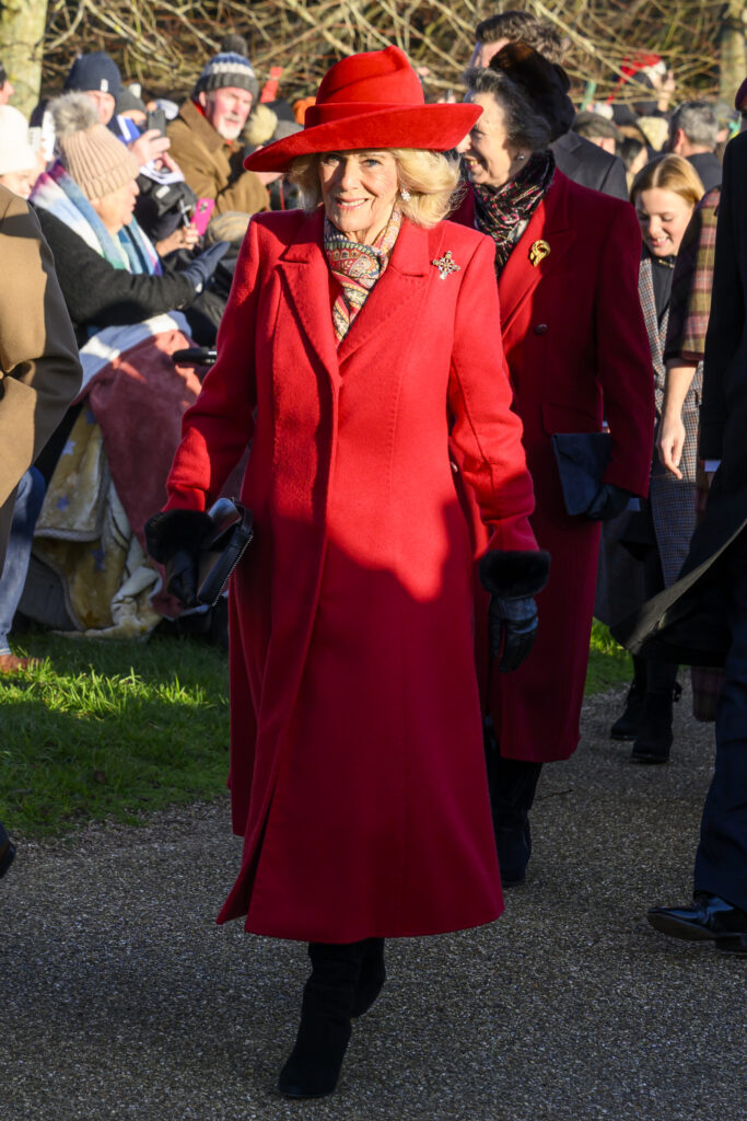 Queen Camilla in red outfit on Christmas Day