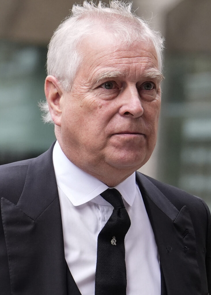 Andrew Mountbatten-Windsor frowning at the funeral of The Duchess of Kent