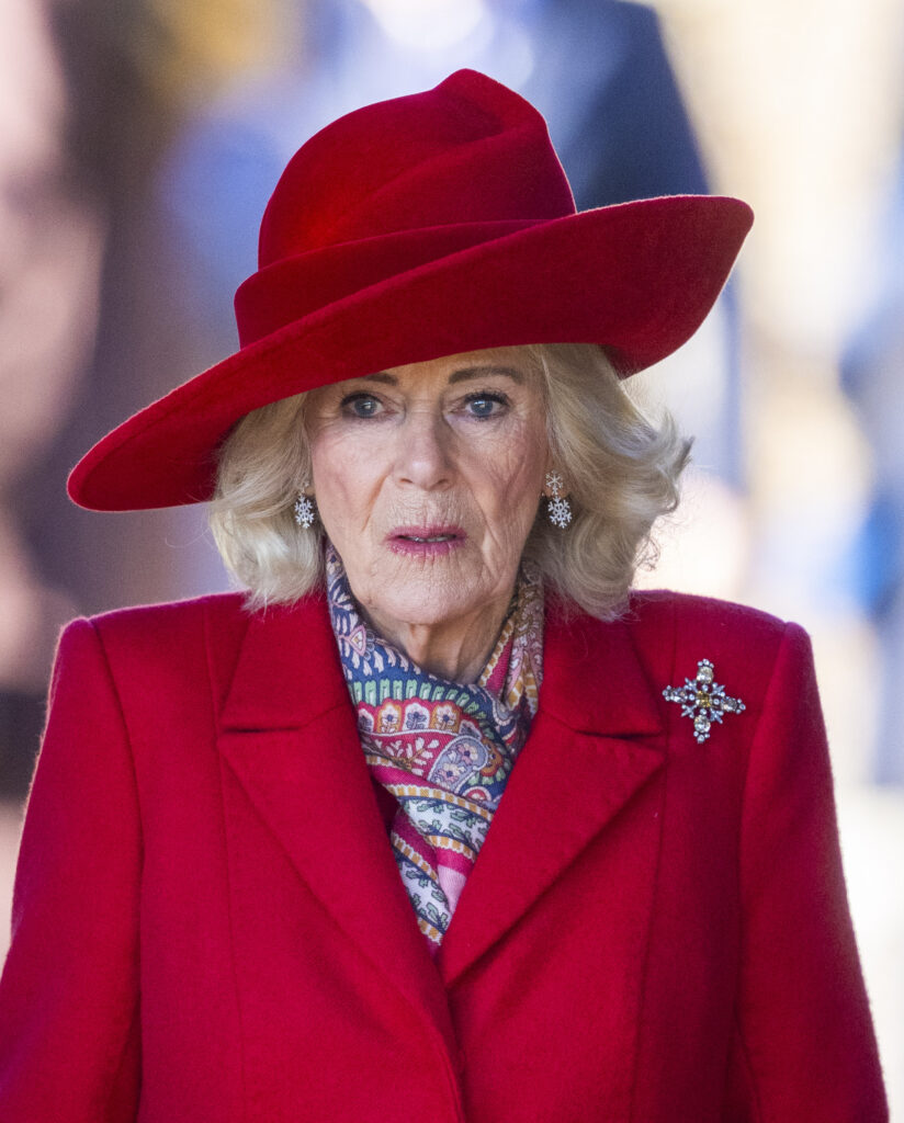 Queen Camilla with a shocked expression, wearing a red hat and coat and a patterned scarf