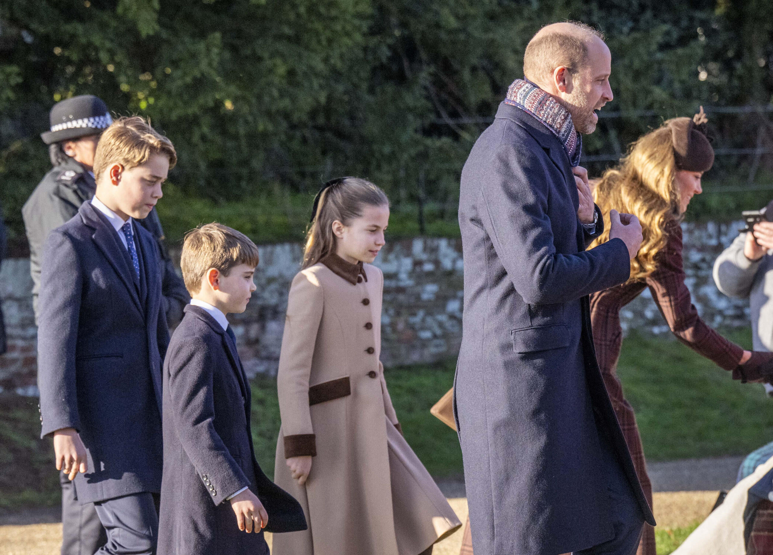 Prince George, Prince Louis, Princess Charlotte, Prince William and Princess Kate on Christmas Day 2025