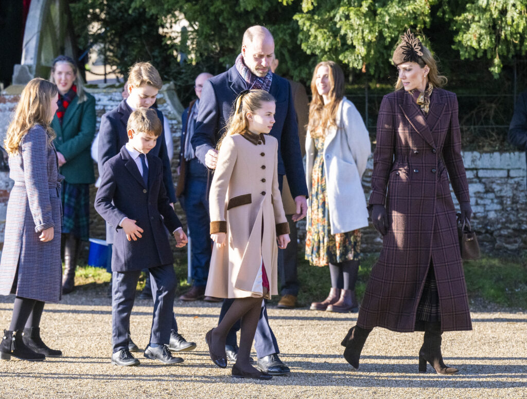 Mia Tindall, Prince George, Prince Louis, Prince William, Princess Charlotte and Princess Kate, walking on Christmas Day 2025 at Sandringham