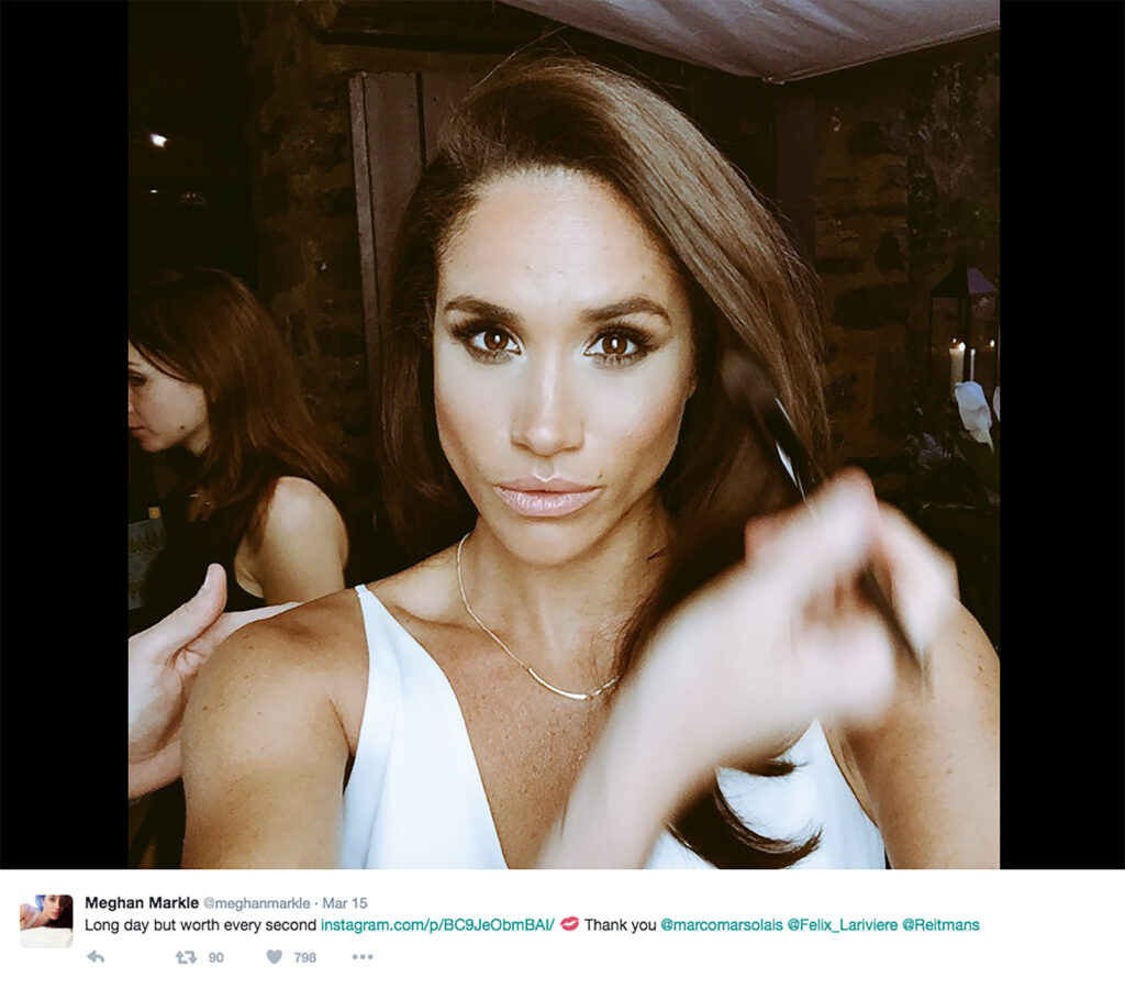 Meghan Markle pouting as she gets her makeup done