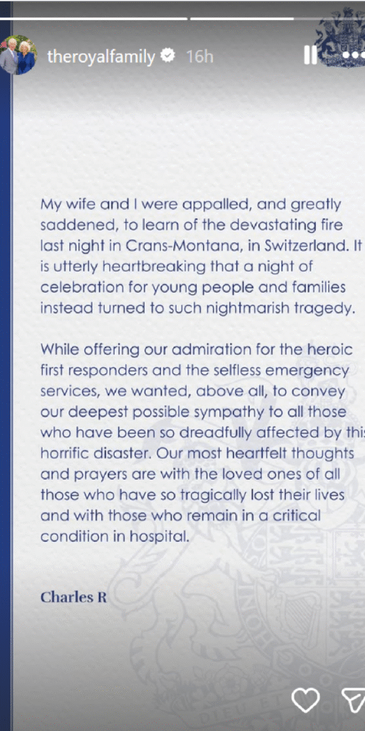 King Charles' statement on Switzerland fire