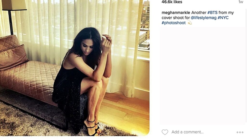 Meghan Markle posing looking down perched on a seat in an Instagram post on her Meghan Markle account