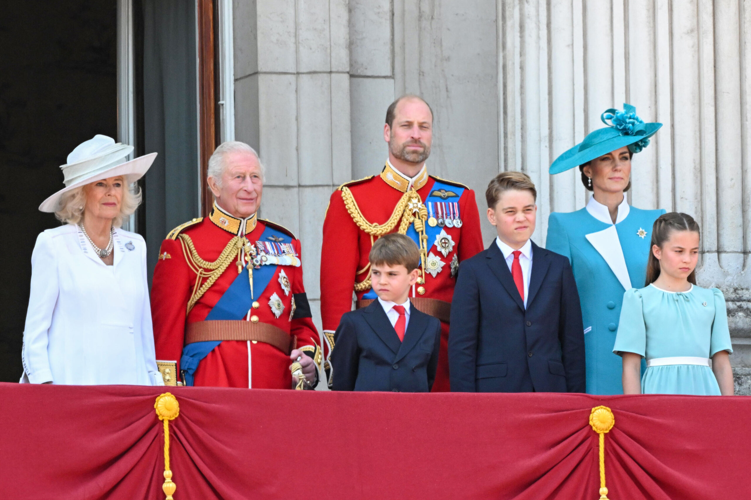 Queen Camilla, King Charles, Prince William and Kate Middleton and their children at Trooping the Colour