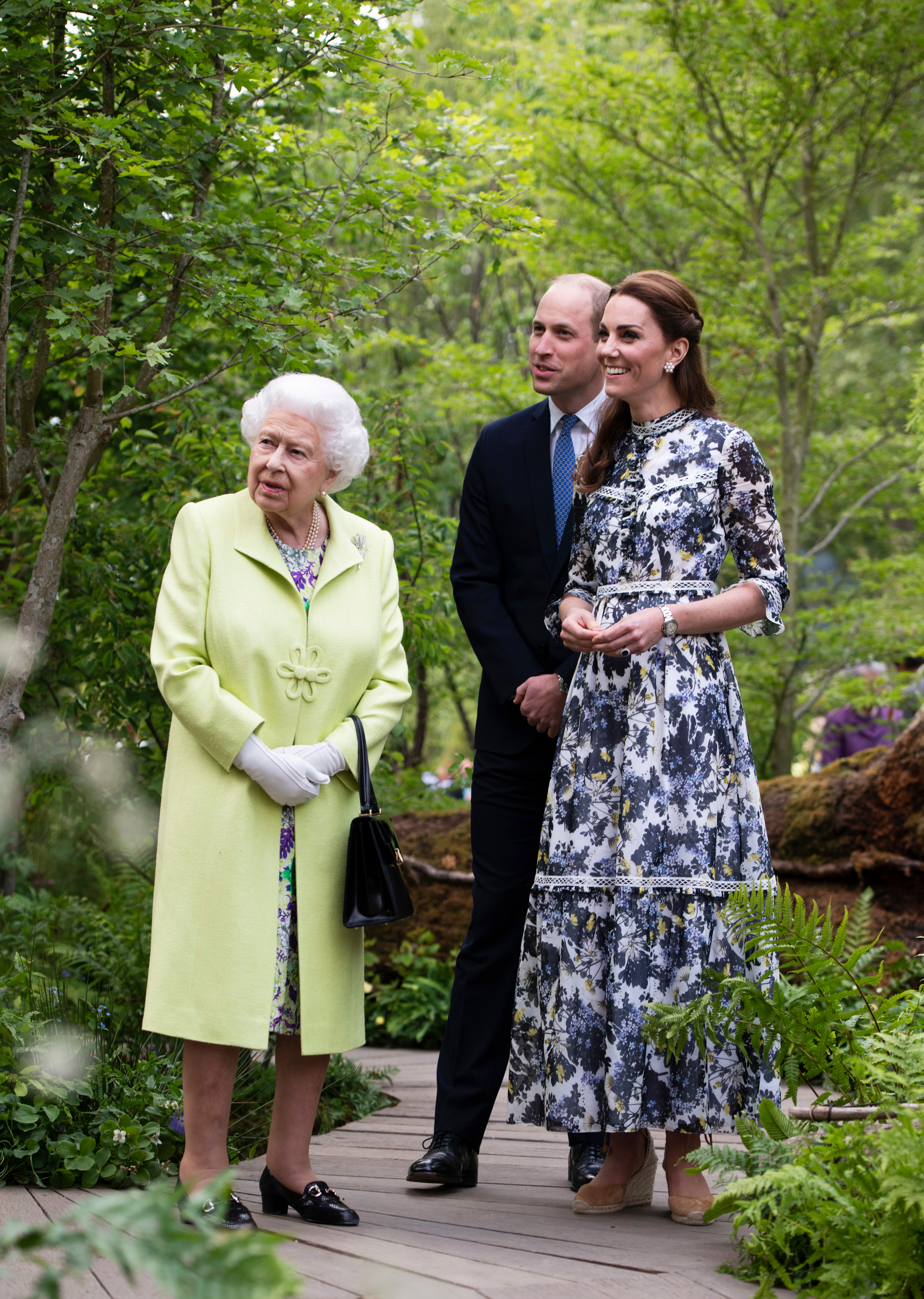 Queen Elizabeth, Prince William and Princess Kate at RHS Chelsea Flower Show press day in 2019