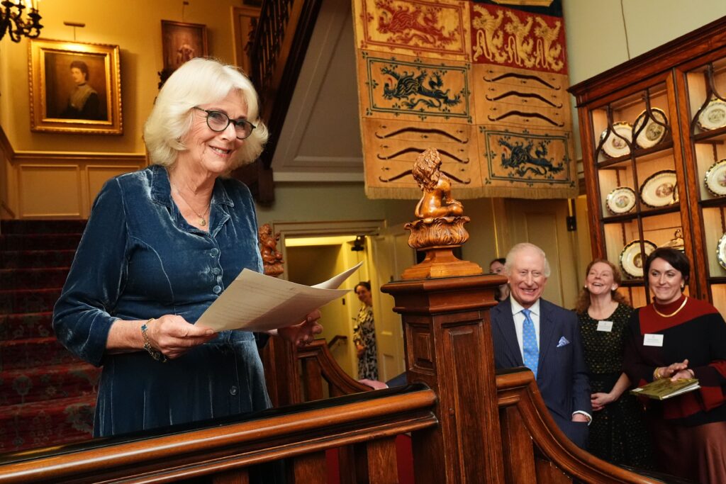 Queen Camilla giving speech during Reading Room book club reception