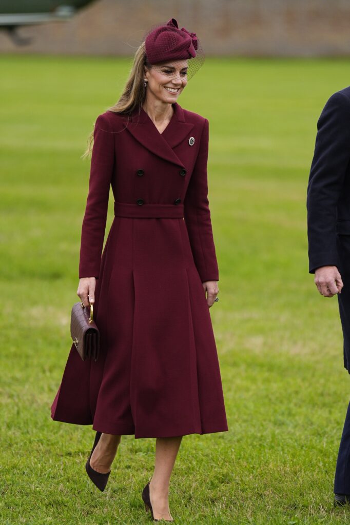 Princess Kate wearing a burgundy coat dress and hat as she welcomed Donald Trump and Melania Trump to Windsor Castle