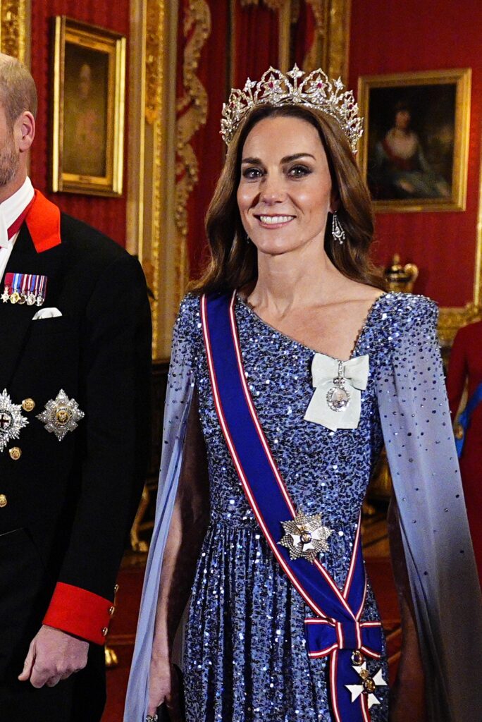 Princess Kate wearing a sparkling tiara and a shimmering blue gown for the banquet for the President of the Federal Republic of Germany Frank-Walter Steinmeier's State Visit