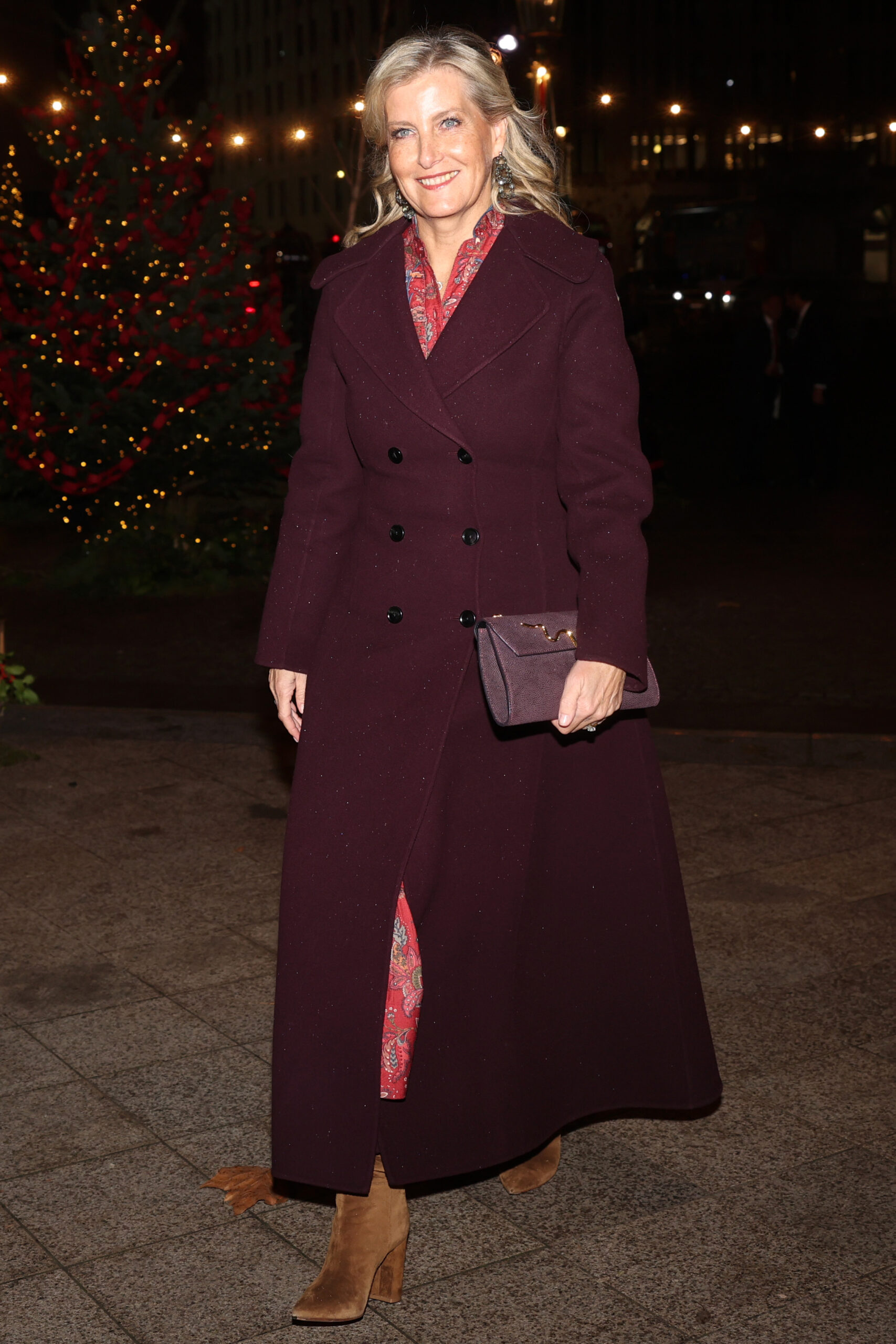 Duchess Sophie wearing a long burgundy coat