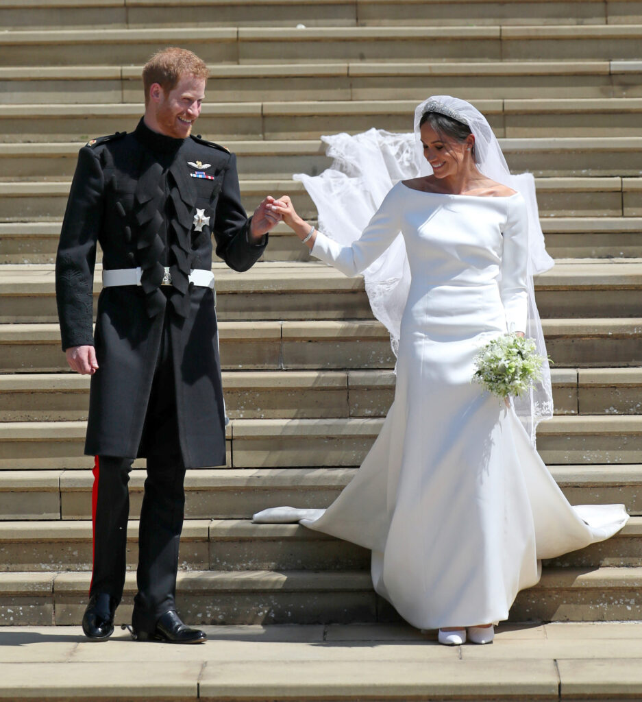 Prince Harry and Meghan Markle on their wedding day, Meghan wearing her white Givenchy wedding gown