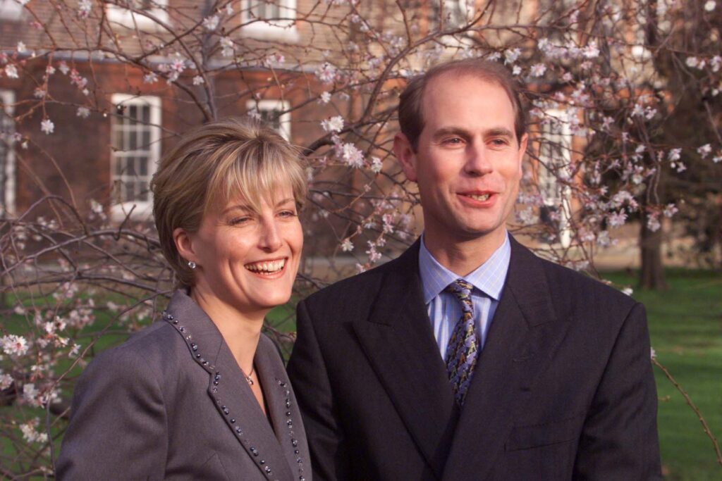 Duchess Sophie and Prince Edward smiling during their engagement interview