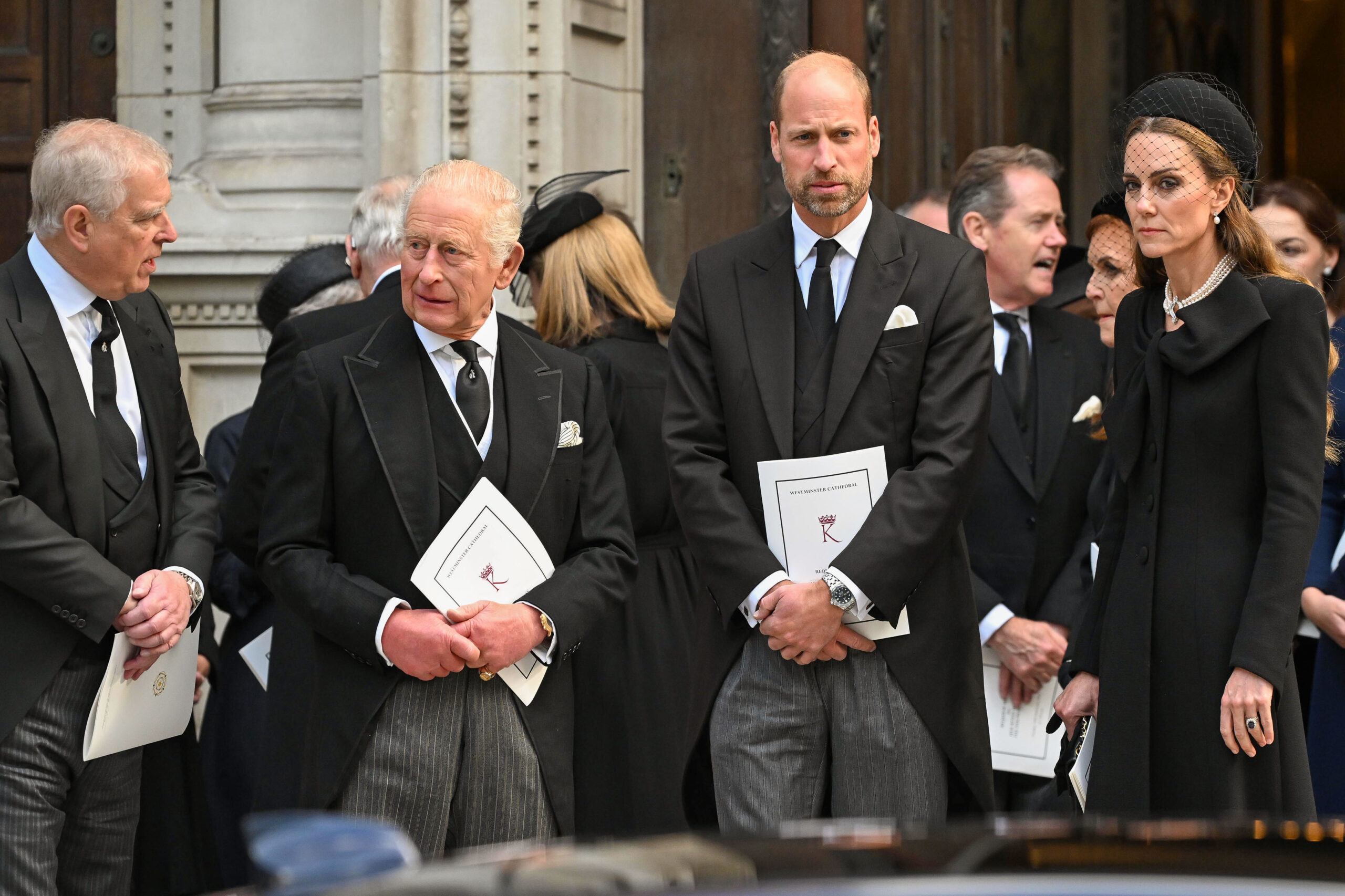 Andrew Mountbatten-Windsor, King Charles, Prince William and princess Kate at the Duchess of Kent's funeral