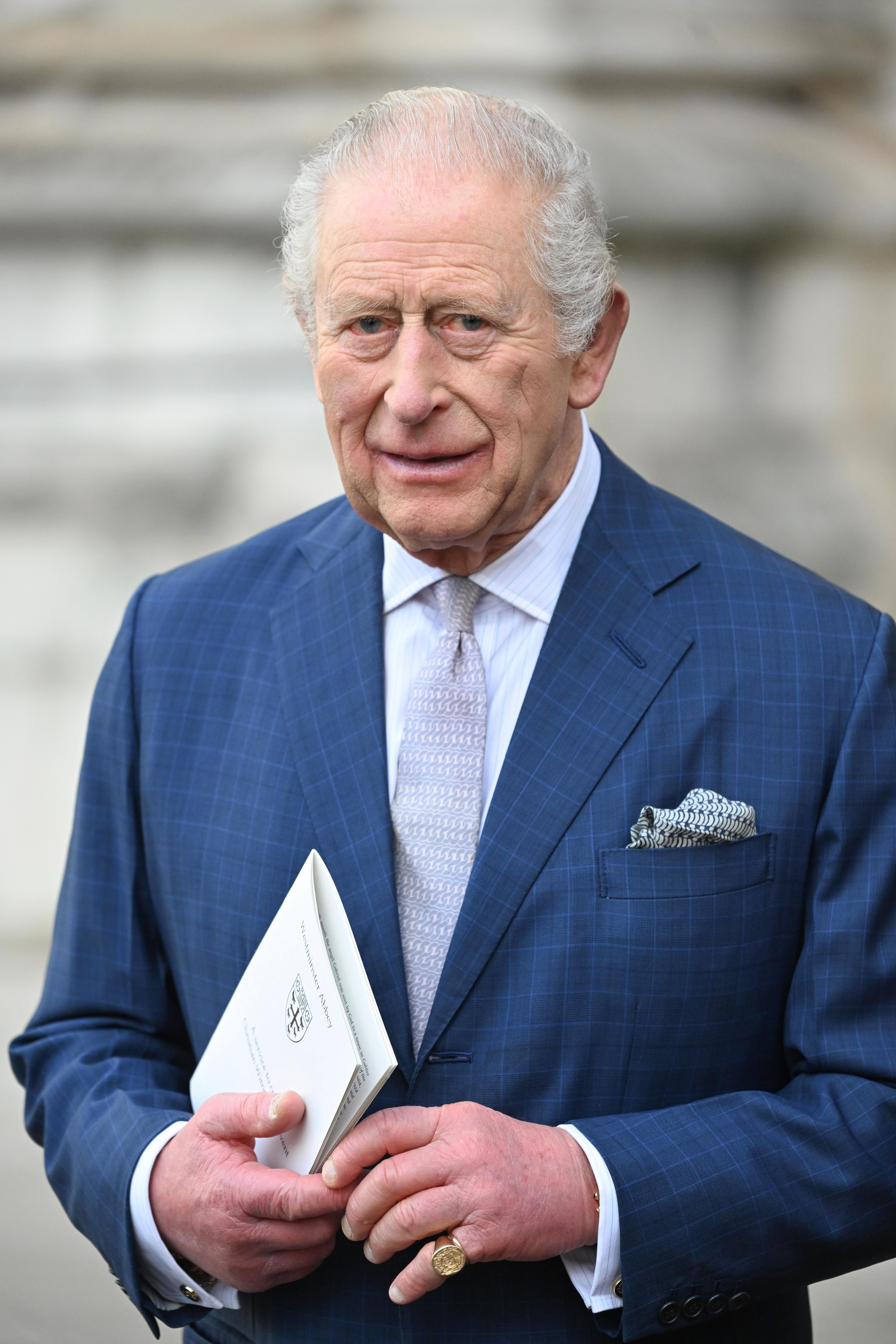 King Charles wearing a navy suit and frowning
