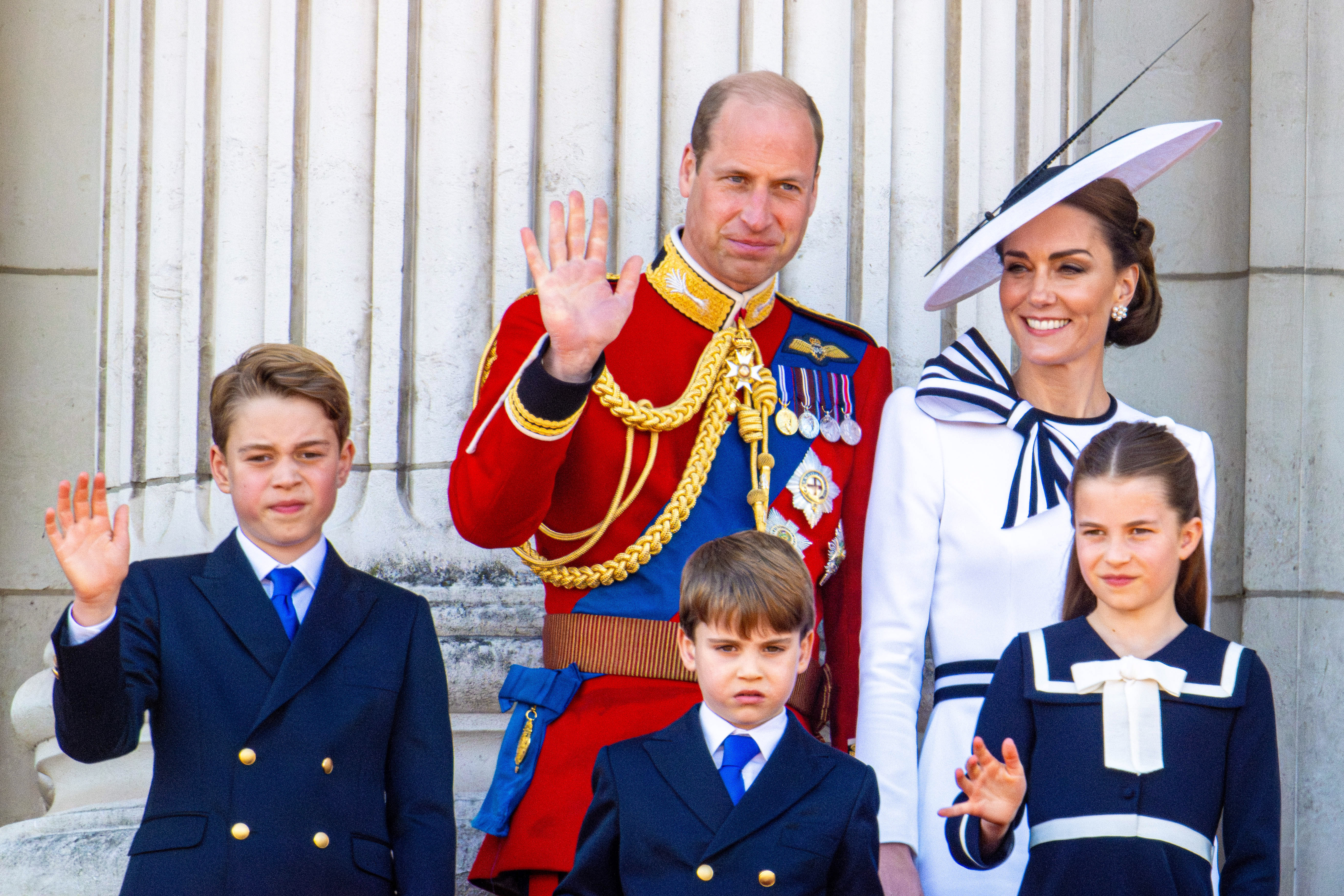 Kate and Will waving with children Prince George, Princess Charlotte and Prince Louis