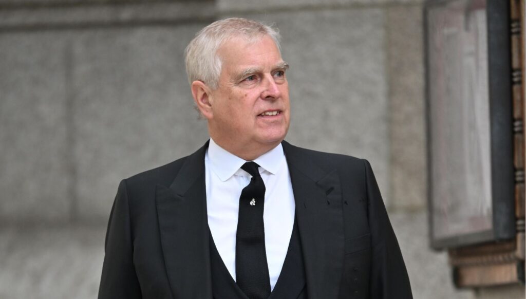 Andrew Mountbatten-Windsor in black suit at Duchess of Kent's funeral