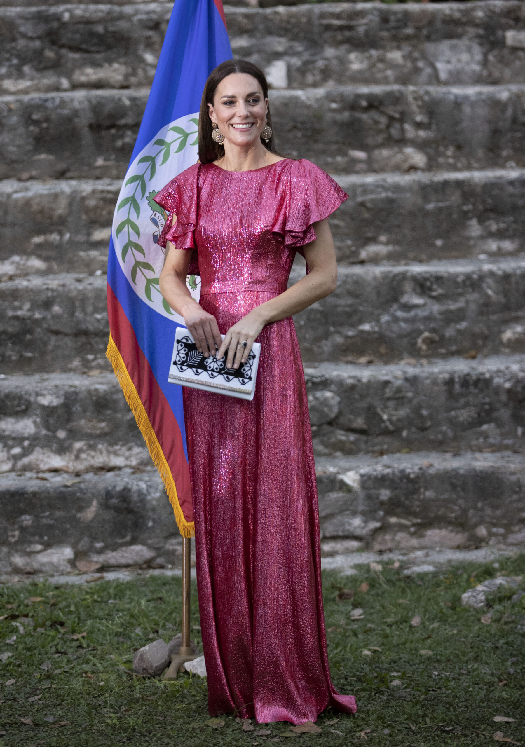 Princess Kate in a long, shimmering, ruby pink gown