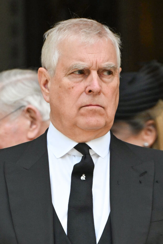 Andrew Mountbatten-Windsor frowning at the Duchess of Kent's funeral
