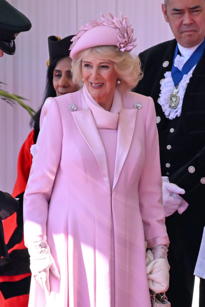 Queen Camilla in pink outfit on state visit