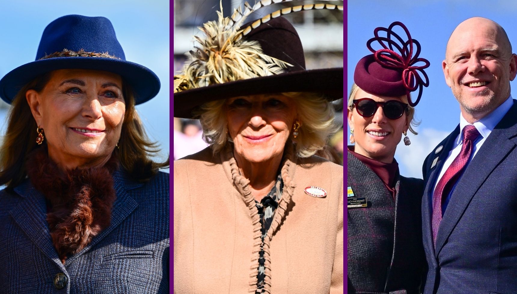 Cheltenham Festival Ladies Day: Queen Camilla rocks flamboyant feathers, Carole Middleton raids Kate's wardrobe and Zara and Mike pack on the PDA