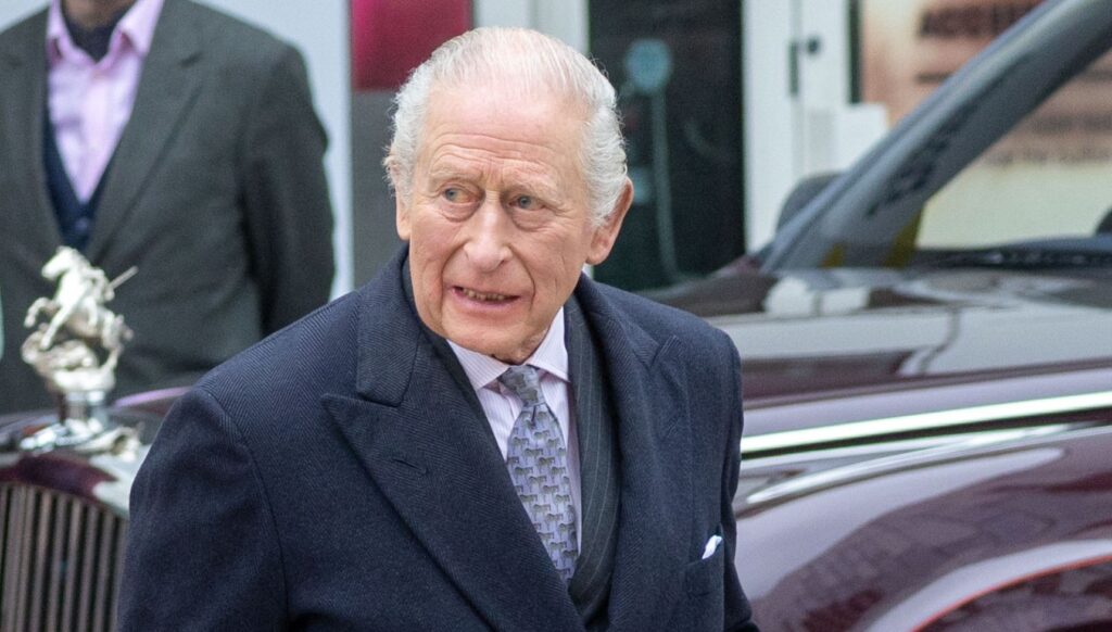 King Charles looking worried in suit and coat