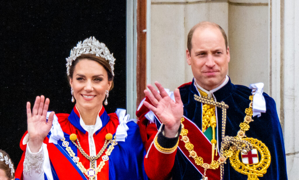 Kate Middleton and Prince William waving during King Charles' coronation