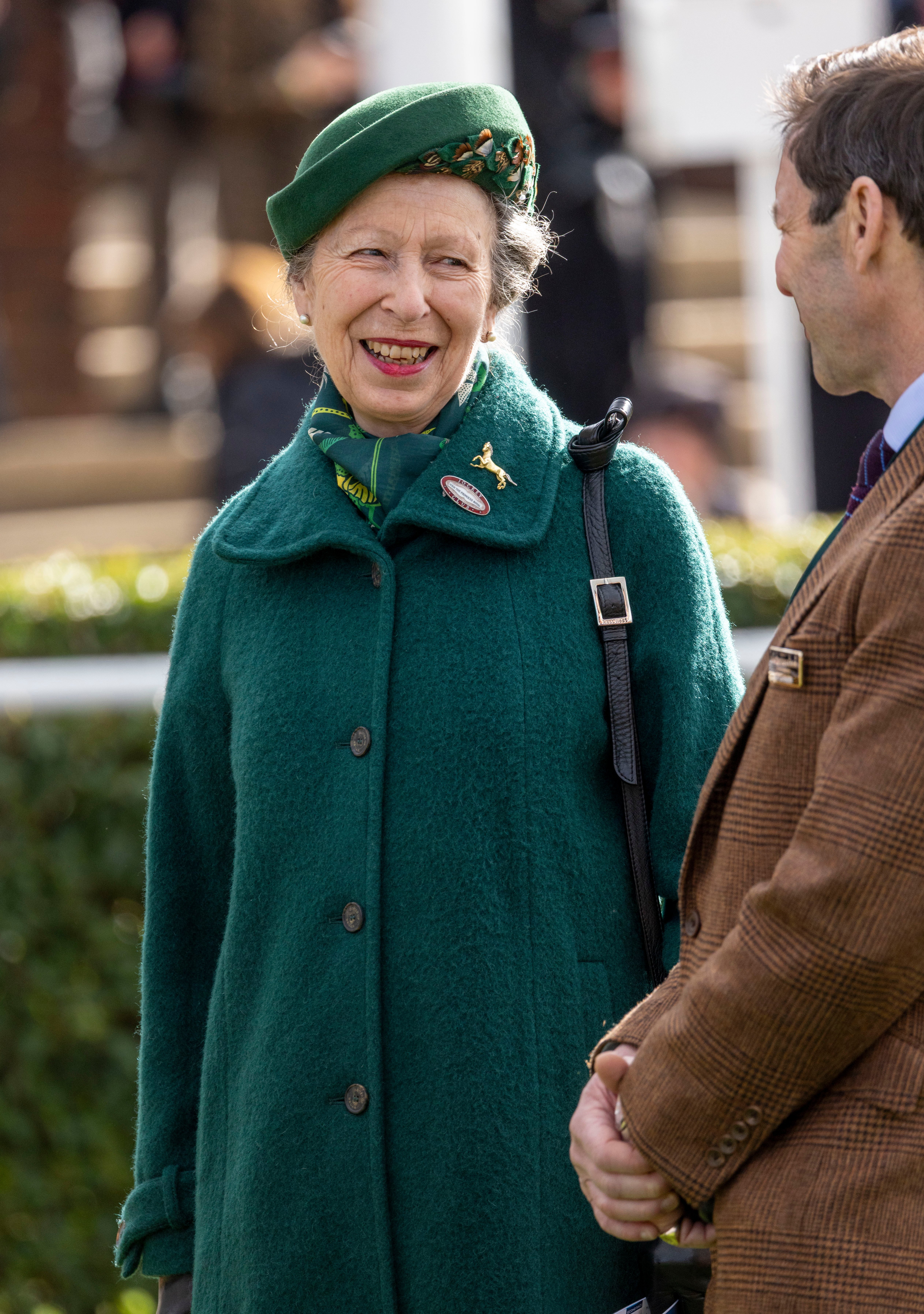 Princess Anne at Cheltenham Festival in a green ensemble