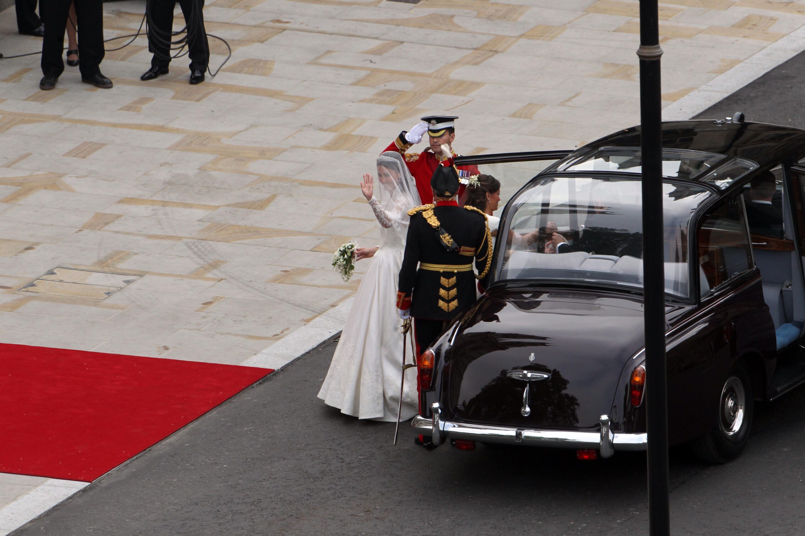 Kate Middleton waving to crowds on her wedding day