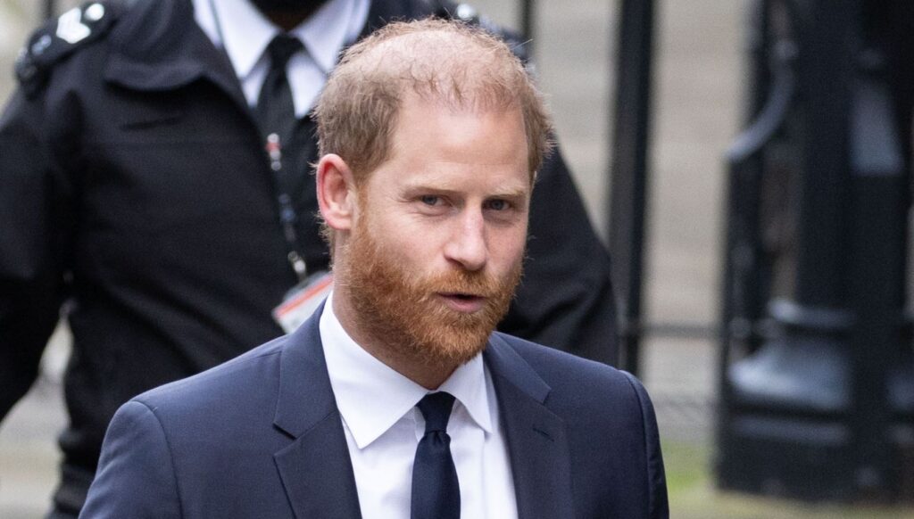 Prince Harry in navy suit during UK court trial