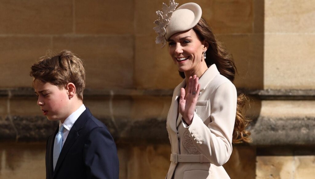 Princess Kate waving behind Prince George at Easter service