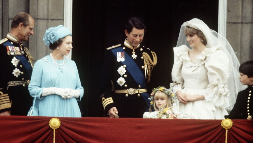 Queen Elizabeth II in blue outfit at Charles and Diana's wedding