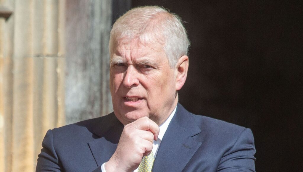 Andrew Mountbatten-Windsor in suit, resting his hand on his chin